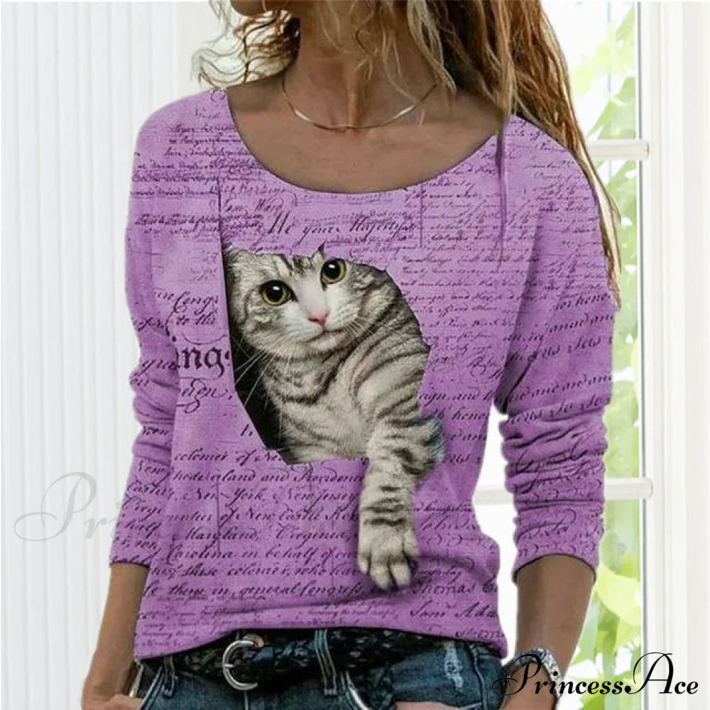 Fashion Cute Cat Print T-Shirt Purple Best Sellings clothes Plus Size Sale tops Topseller