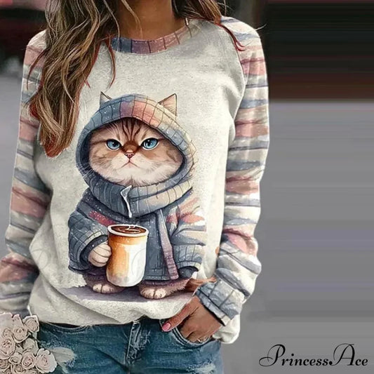 Cat Design Sweatshirt Blouses