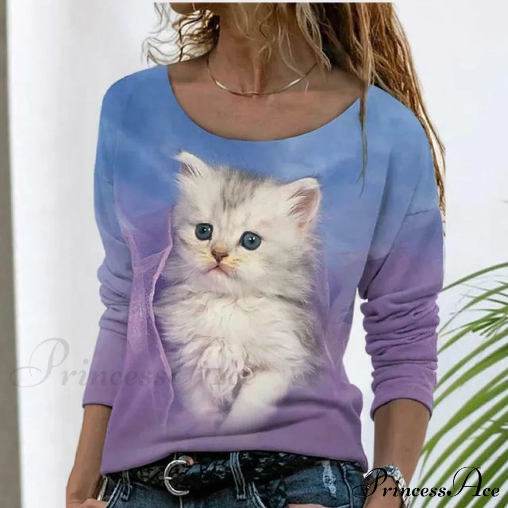 Elegant Cat Print T-Shirt Blue Best Sellings clothes Plus Size Sale tops Topseller