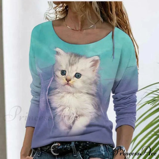 Elegant Cat Print T-Shirt Light Green Best Sellings clothes Plus Size Sale tops Topseller