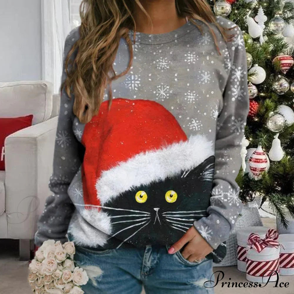 Christmas Cat Print Sweatshirt Gray best Best Sellings clothes Plus Size Sale tops Topseller