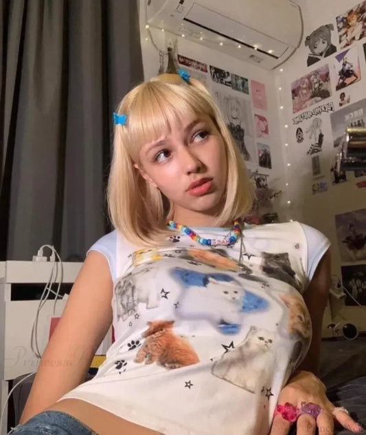 Cat Print Fairycore Baby Tee T-shirt WHITE / S t-shirt-250223