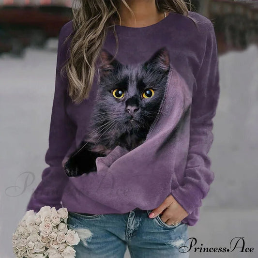 Cat Print Casual Sweatshirt Purple best Best Sellings clothes Plus Size Sale tops Topseller