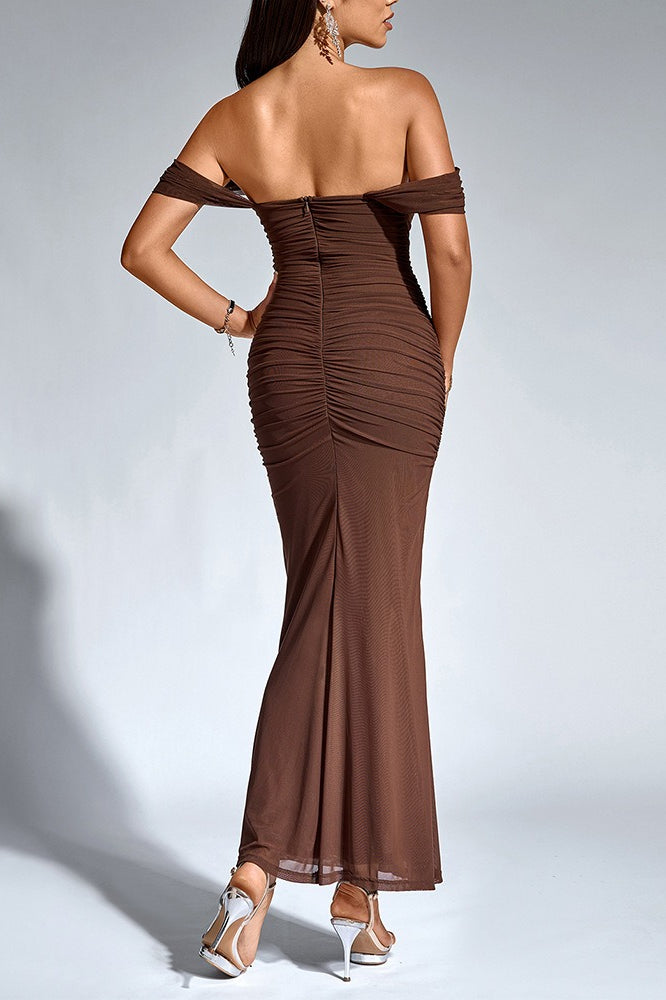 Boned Mesh Ruched Backless Formal Dress