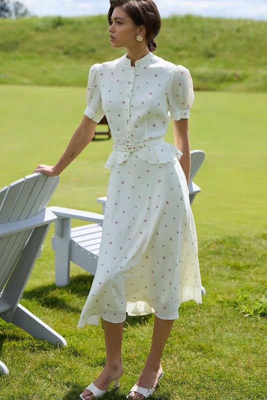 Puff Sleeve Floral Stand Collar Waist Cinch Two Piece Set