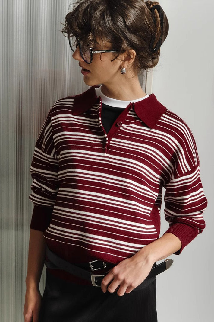 Vintage Striped Knit Polo Sweater Red / S