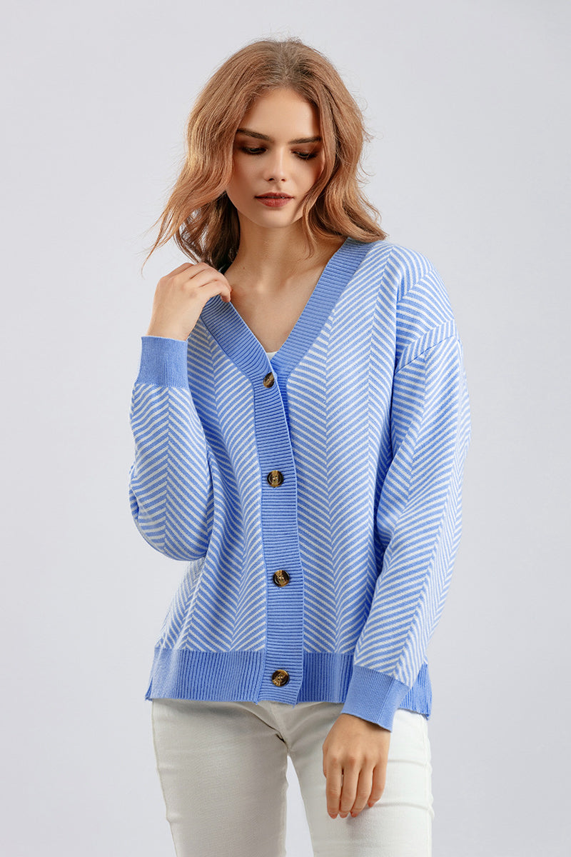Striped V Neck Buttoned Knit Sweater