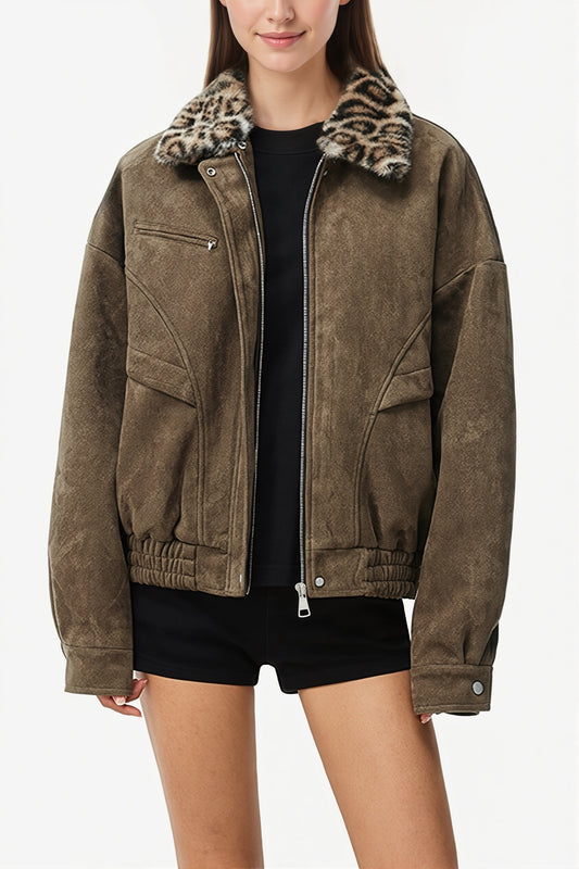 Leopard Fur Collar Barn Jacket