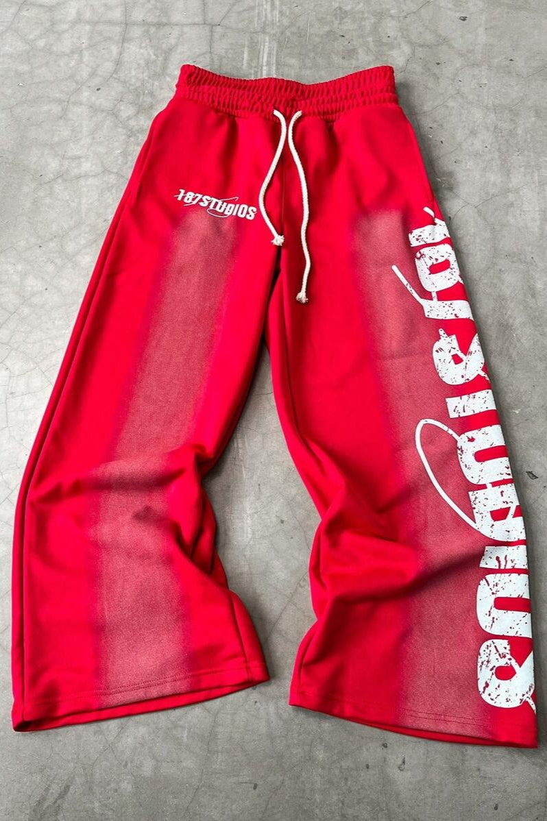 Letter Print Y2K Elastic Waist Straight Pants Red / S