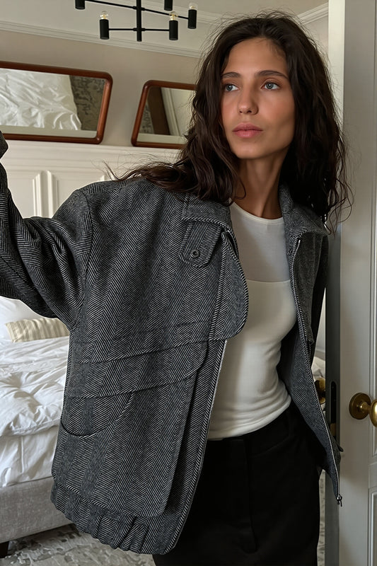 Herringbone High Collar Pocket Jacket