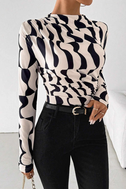 Abstract Wave Print Mock Neck Top