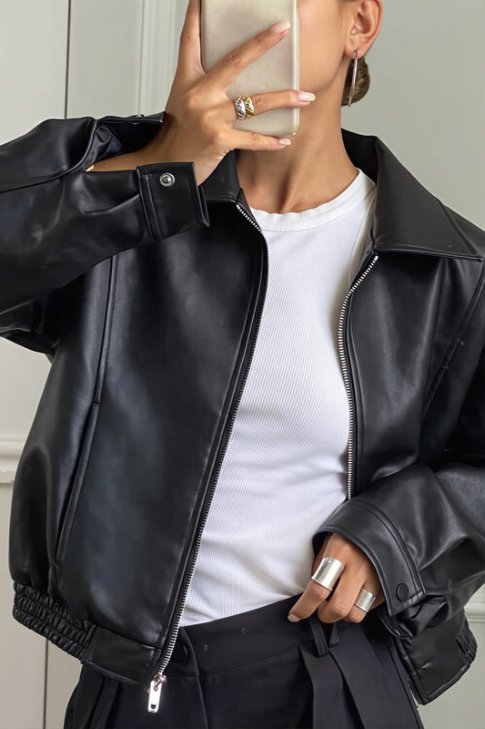Cropped Point Collar Faux Leather Jacket