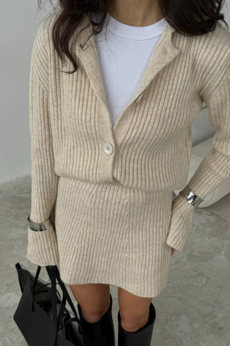 Solid Knit Minimalist Bodycon Cardigan Two Piece Set