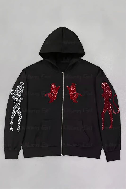 Angel Devil Rhinestone Zip Hoodie