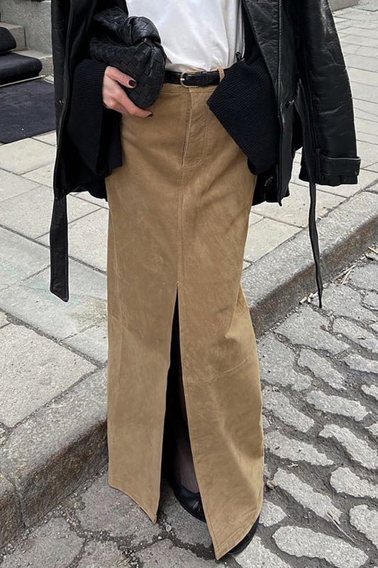 Vintage Suede Brown High Waist Split Midi Skirt