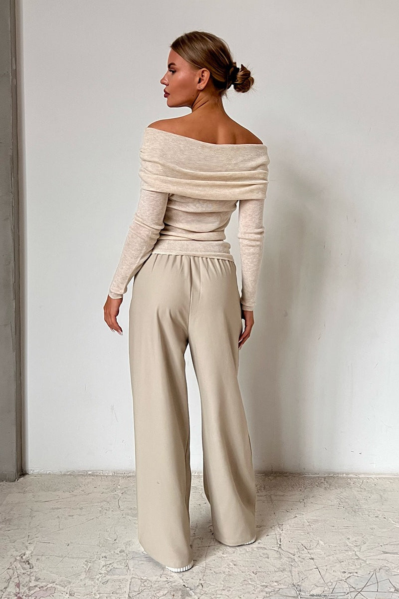Sheer Off-Shoulder Fitted Solid Pullover Knit Top