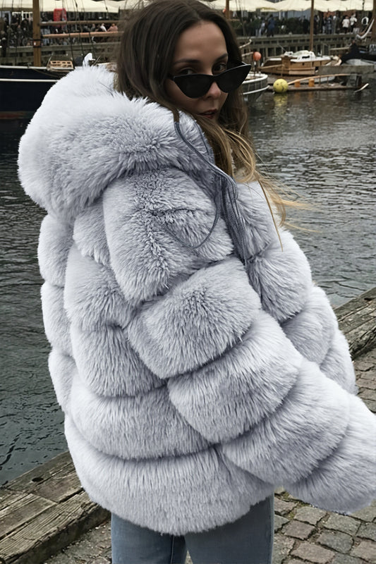 Hooded Tiered Faux Fur Coat