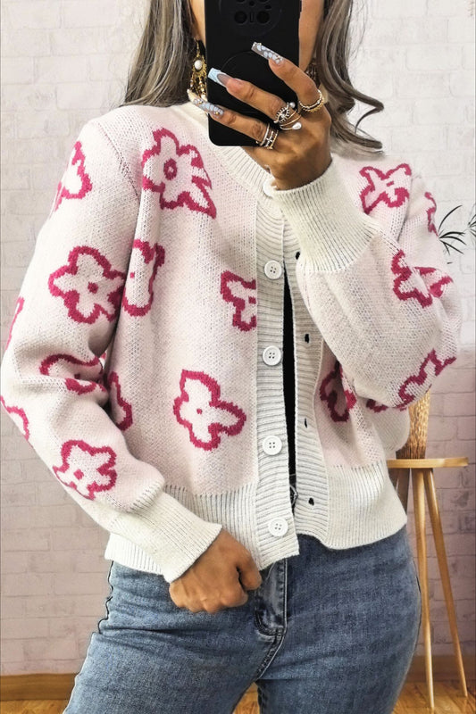 Floral Jacquard Short Single-Row Button Knit Cardigan