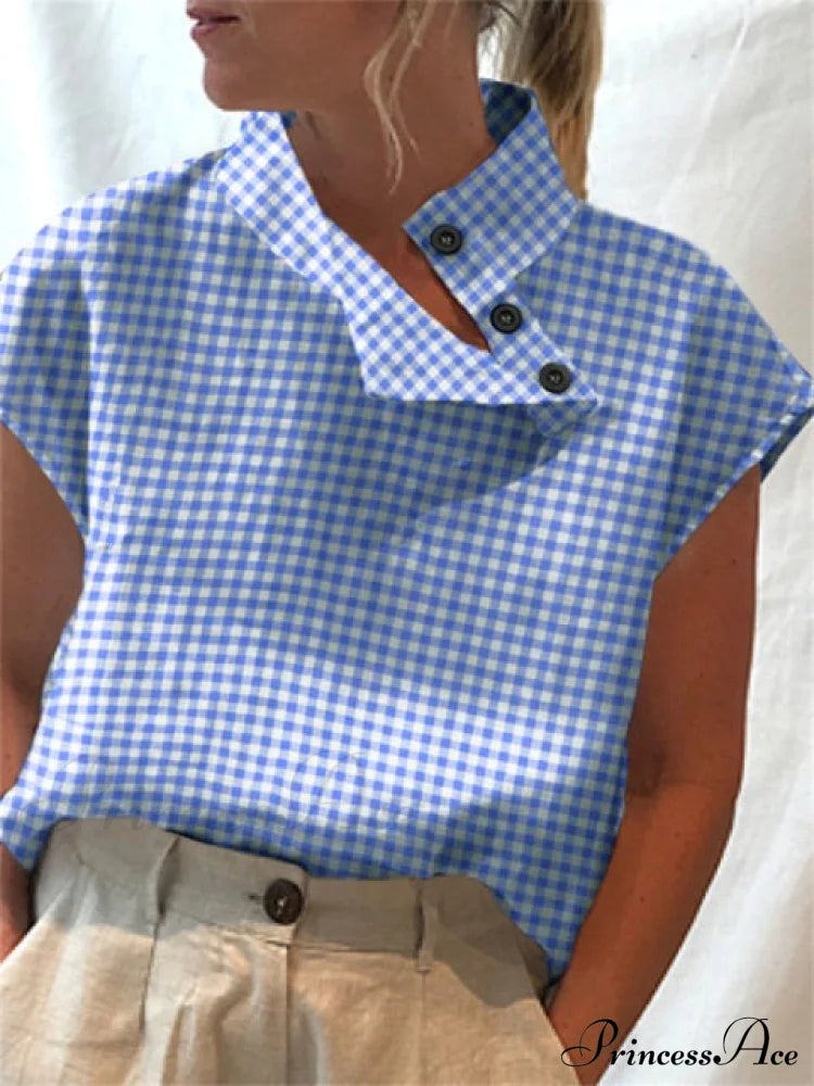 Cemila Linen Top Plaid Blue / S Tops & Blouses