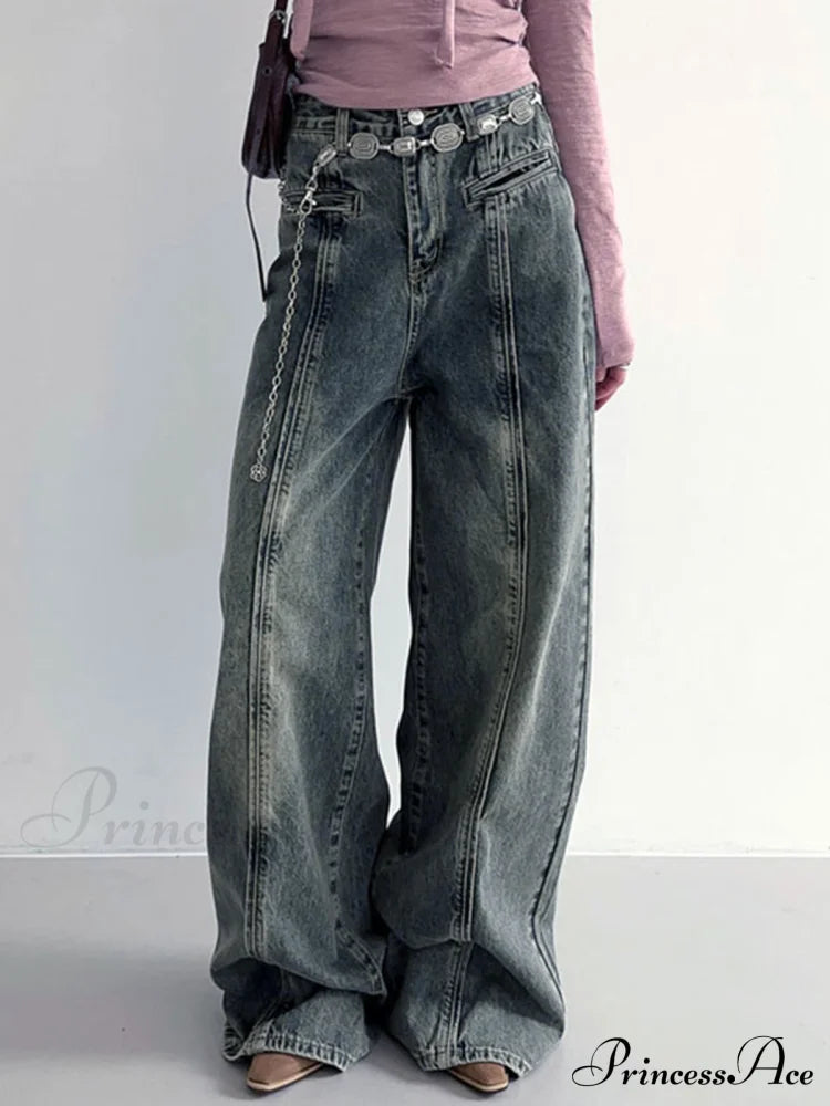 Center Stripe Wide Trendy Leg Jeans Without Belt