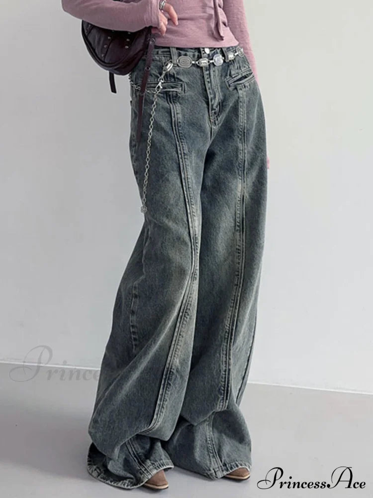 Center Stripe Wide Trendy Leg Jeans Without Belt