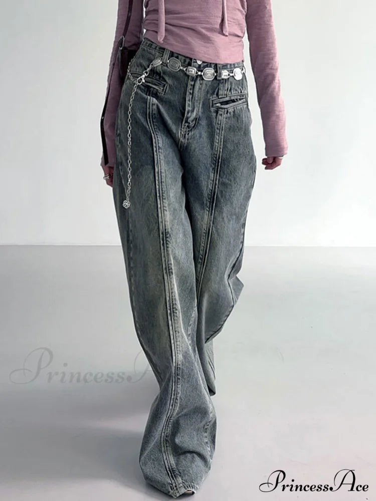 Center Stripe Wide Trendy Leg Jeans Without Belt