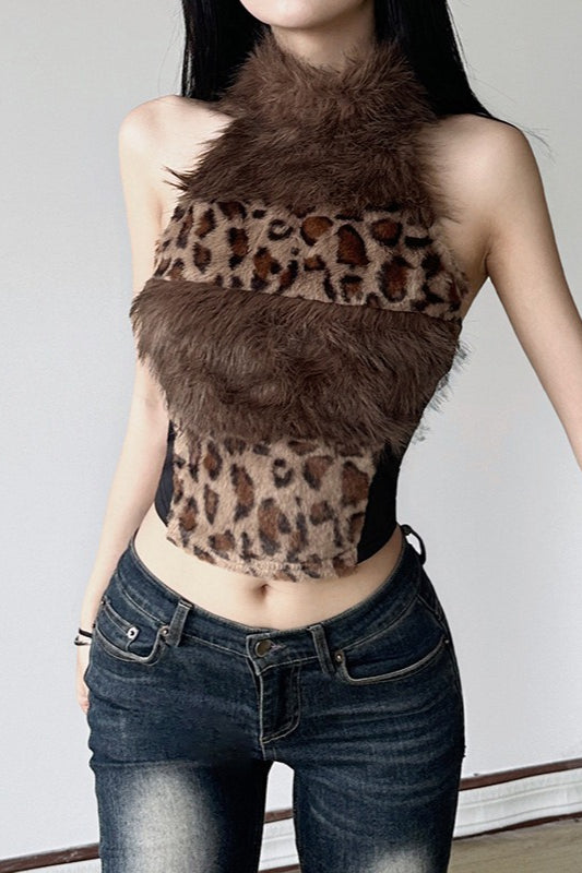 Faux Fur Collar Halter Knit Top