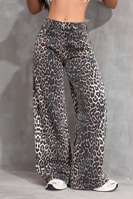 Leopard Allover Print Wide Leg Jeans