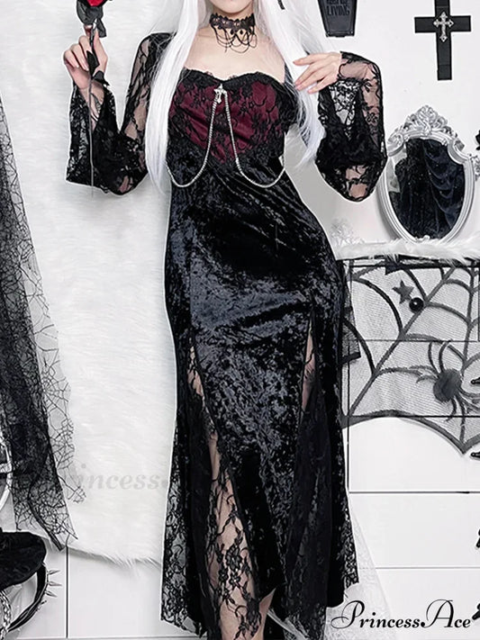 Chain Long Gothic Party Velvet High Slit Lace Patchwork Tube Maxi Bodycon Dress Black / S Halloween