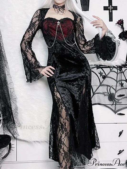 Chain Long Gothic Party Velvet High Slit Lace Patchwork Tube Maxi Bodycon Dress Halloween