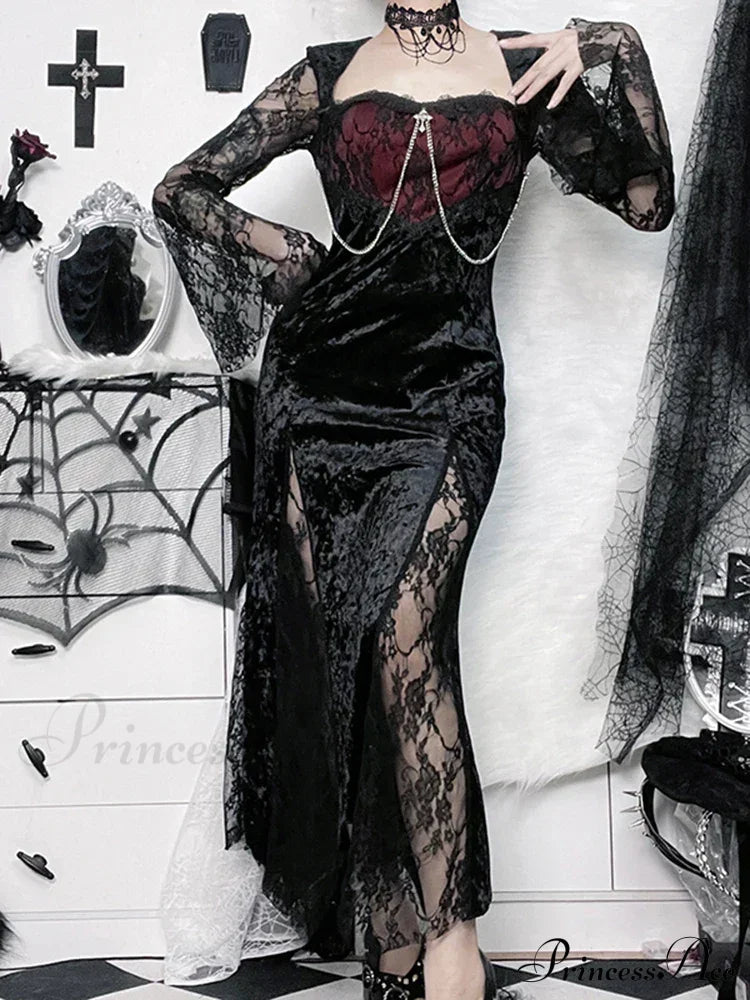 Chain Long Gothic Party Velvet High Slit Lace Patchwork Tube Maxi Bodycon Dress Halloween