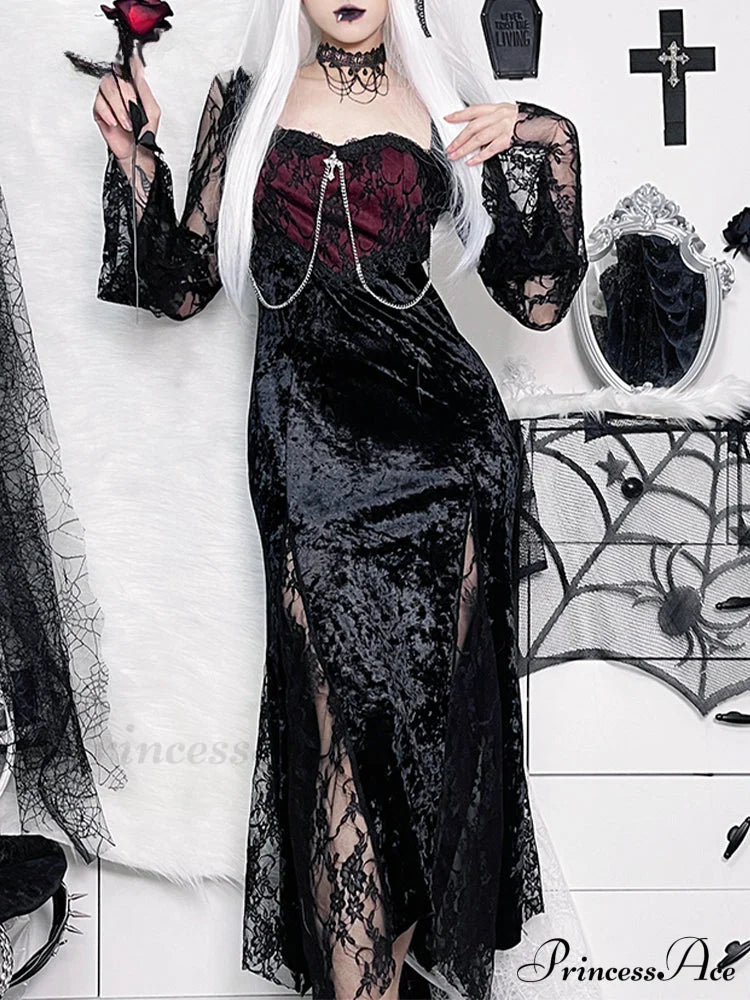 Chain Long Gothic Party Velvet High Slit Lace Patchwork Tube Maxi Bodycon Dress Halloween