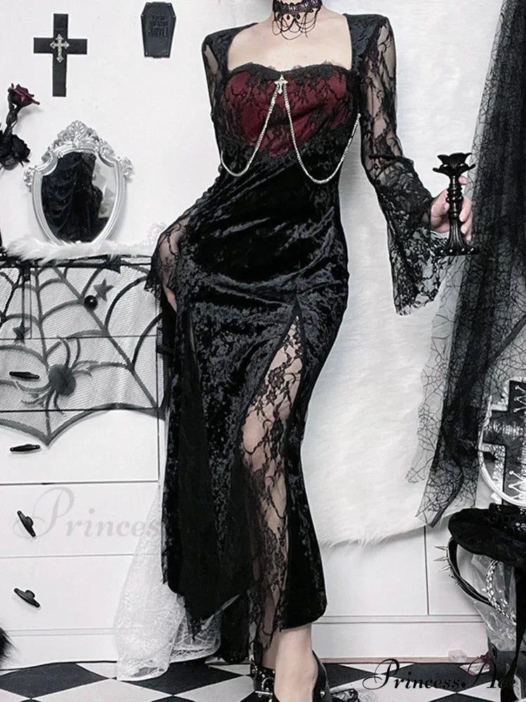 Chain Long Gothic Party Velvet High Slit Lace Patchwork Tube Maxi Bodycon Dress Halloween