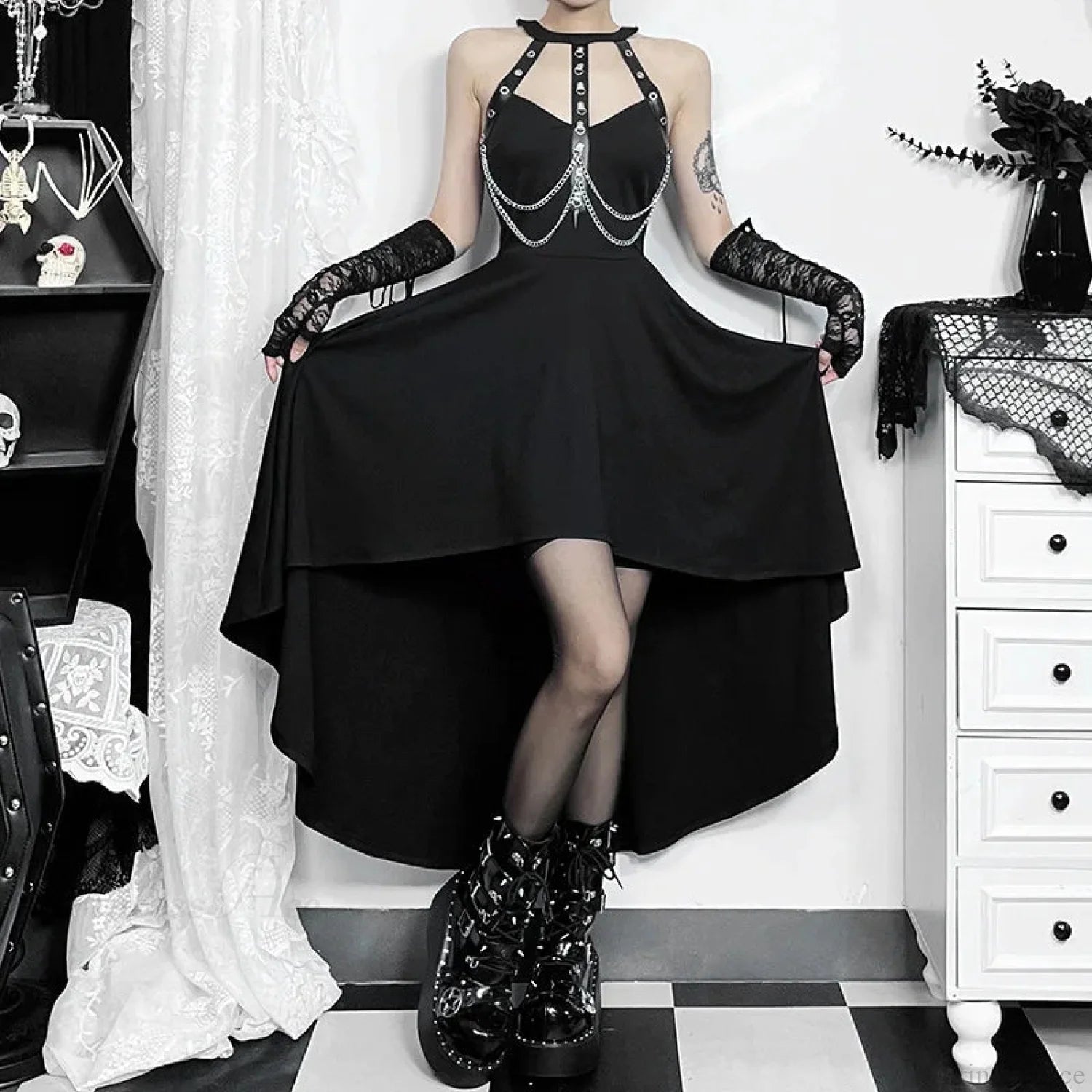 Chains Ornament Halter Swing Midi Dress