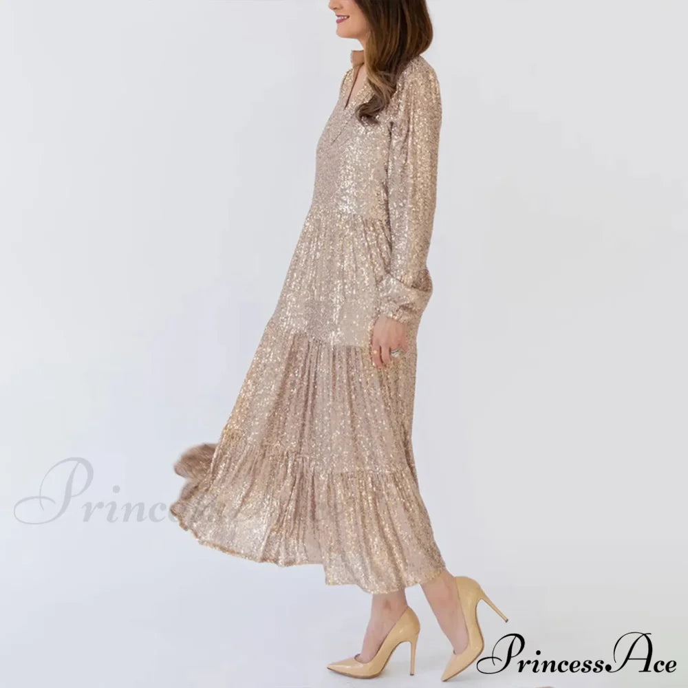 Champagne Sequin Loose V-Neck Long Sleeve Pleated Midi Elegant A-Line Banquet Party Dress