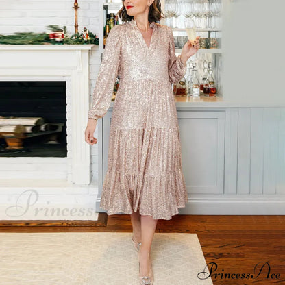 Champagne Sequin Loose V-Neck Long Sleeve Pleated Midi Elegant A-Line Banquet Party Dress