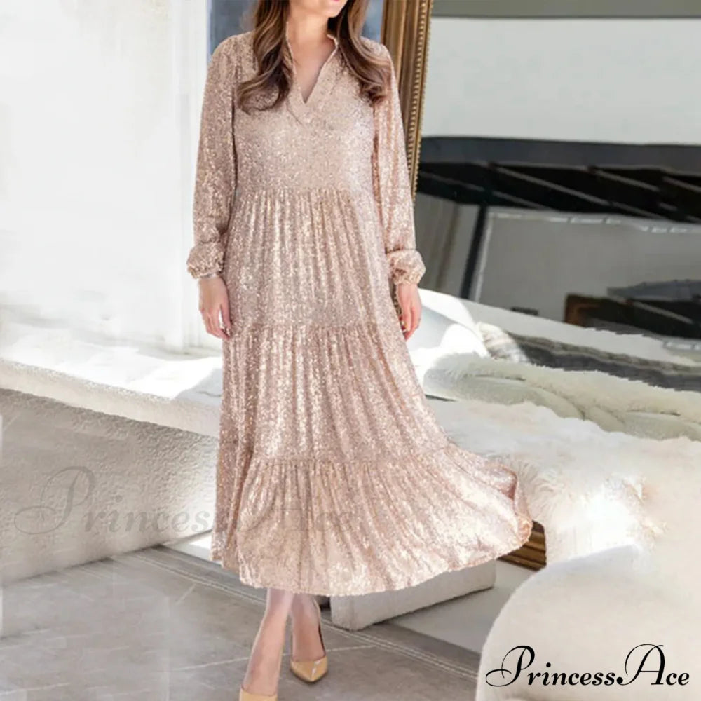 Champagne Sequin Loose V-Neck Long Sleeve Pleated Midi Elegant A-Line Banquet Party Dress