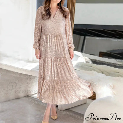 Champagne Sequin Loose V-Neck Long Sleeve Pleated Midi Elegant A-Line Banquet Party Dress