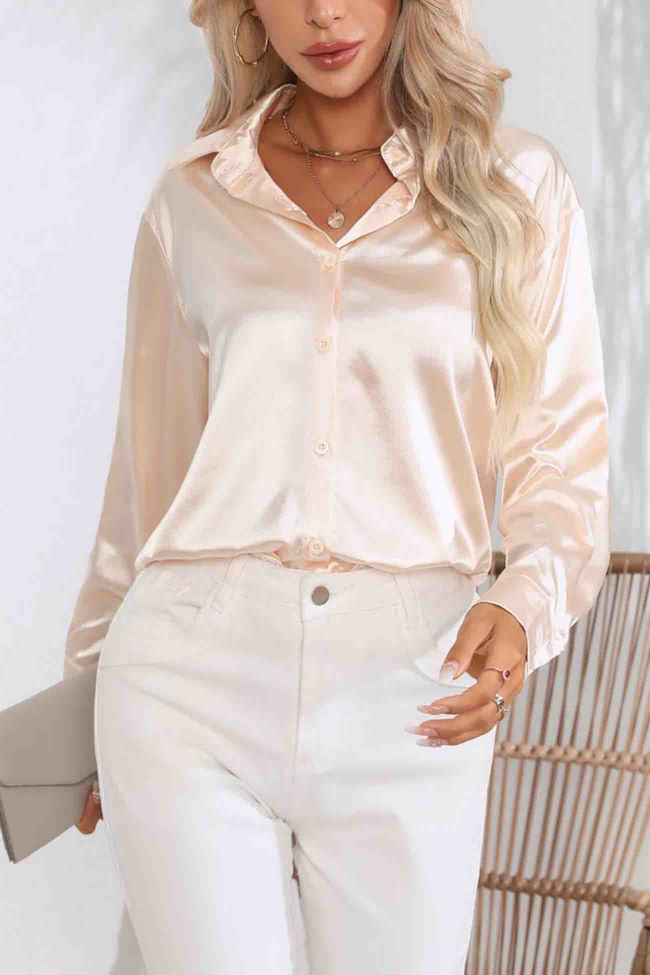 Satin Button Up Blouse with Lapel