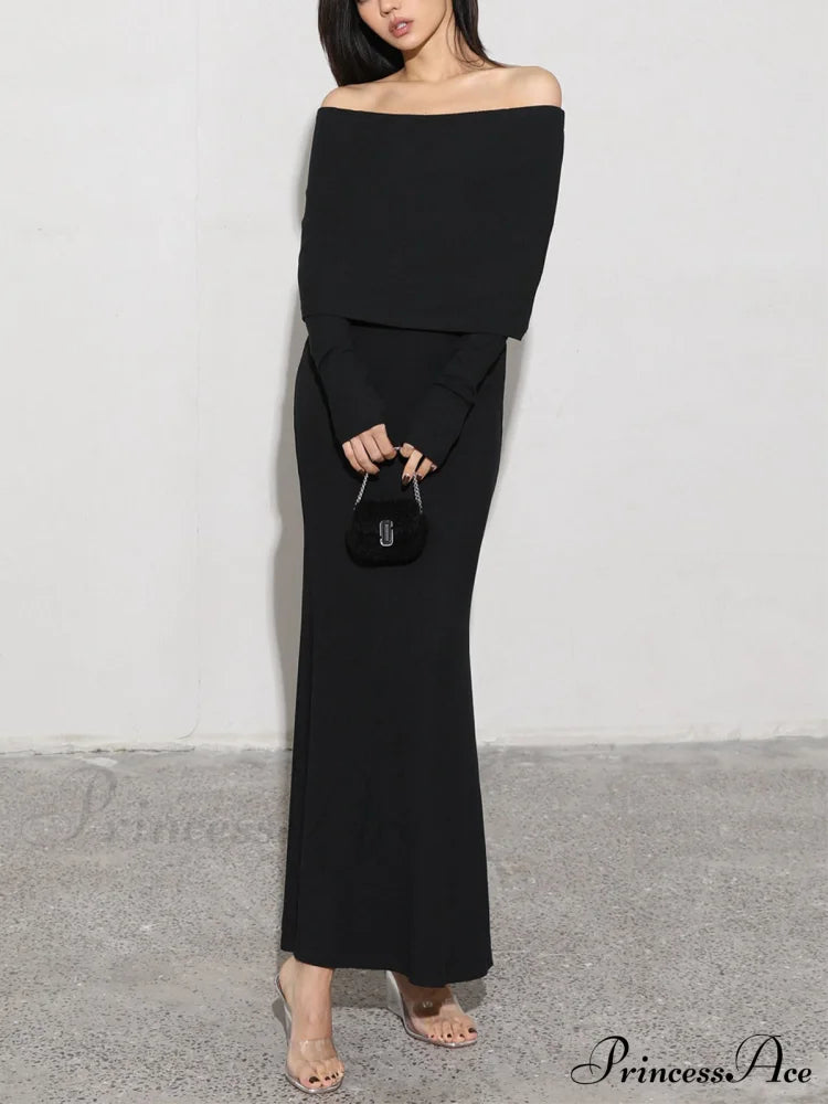 Charcoal Off Shoulder Overfold Modern Long Sleeve Dress Knit Dresses