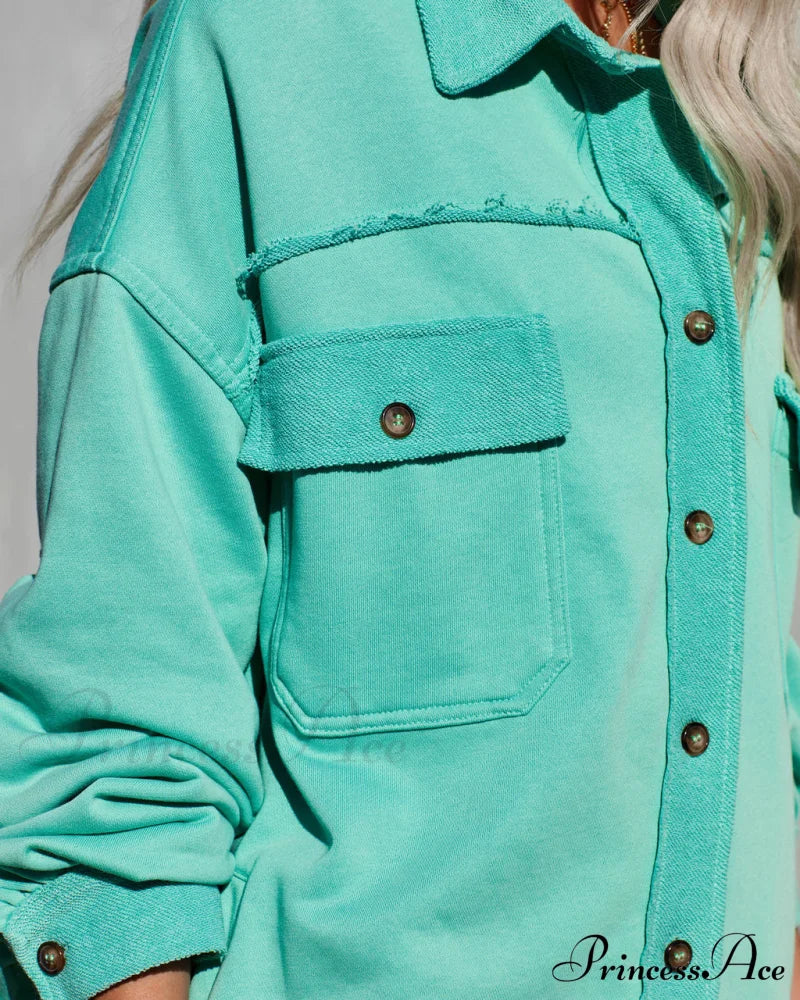 Charleigh Cotton Blend Pocketed Shacket - Mint Color Coats-L