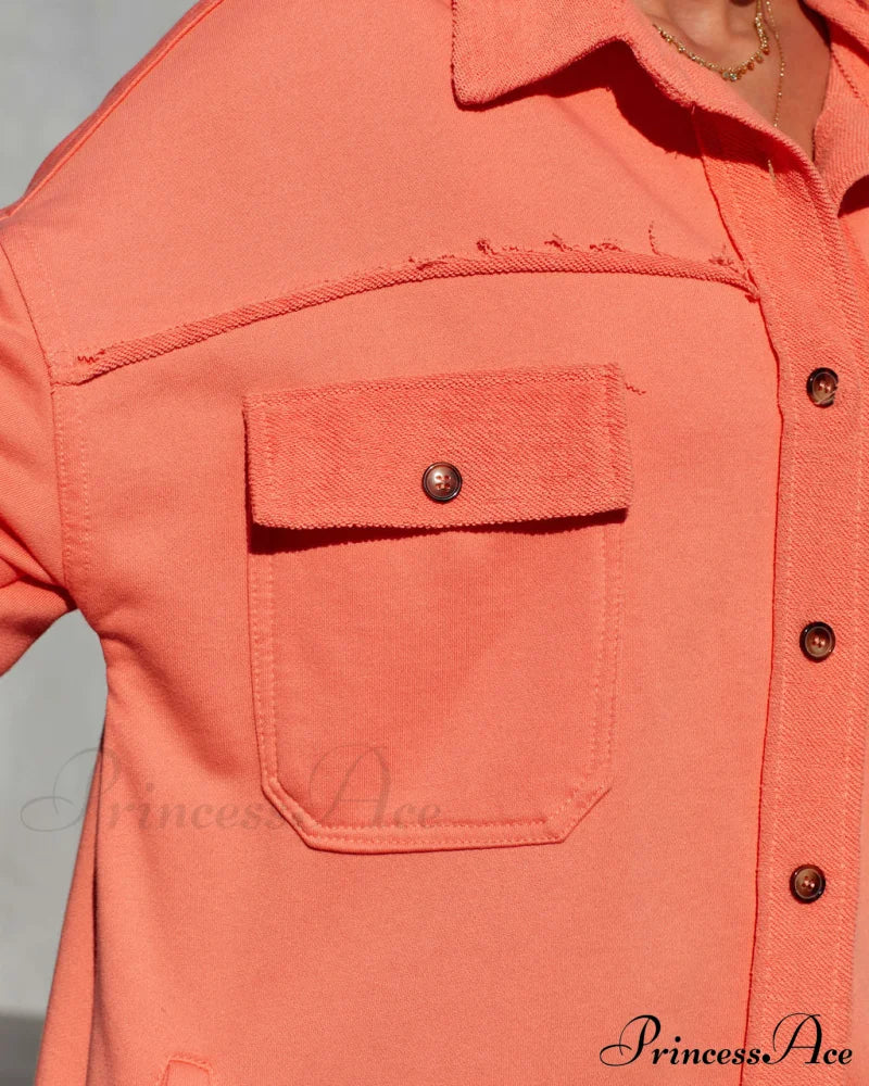 Charleigh Cotton Blend Pocketed Shacket - Orange Color Coats-L