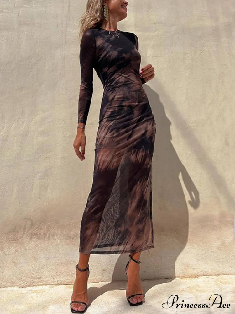 Charm Lady Mesh Overlay Tie Dye Modern Print Long Sleeve Ruched Stretch Midi Dress Black / S Dresses