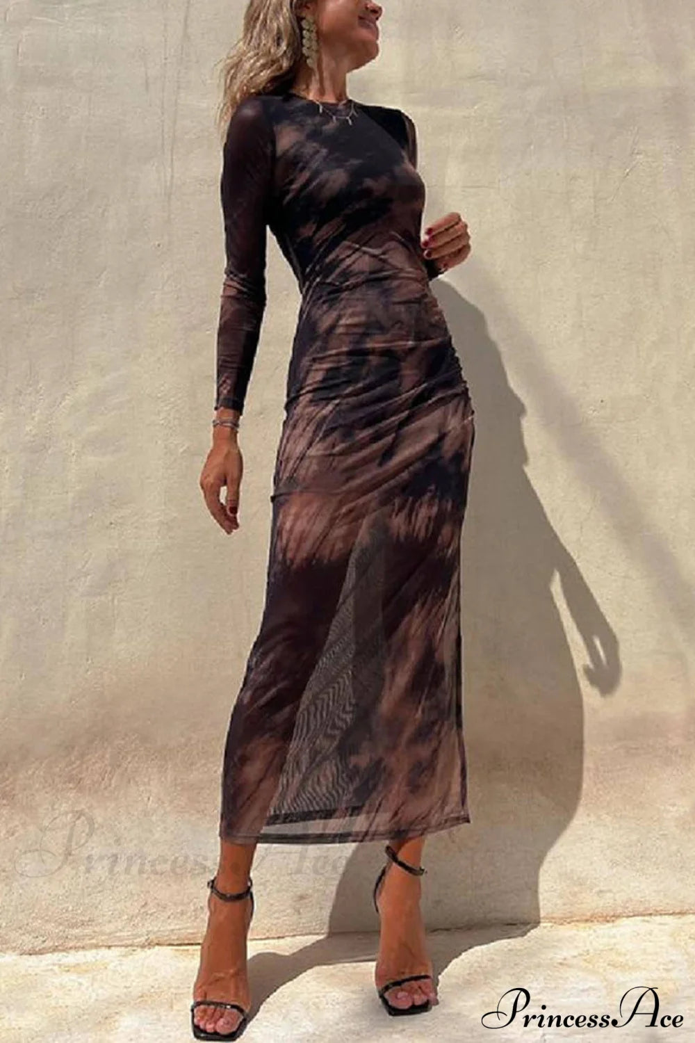 Charm Lady Mesh Overlay Tie Dye Modern Print Long Sleeve Ruched Stretch Midi Dress Black / S Dresses