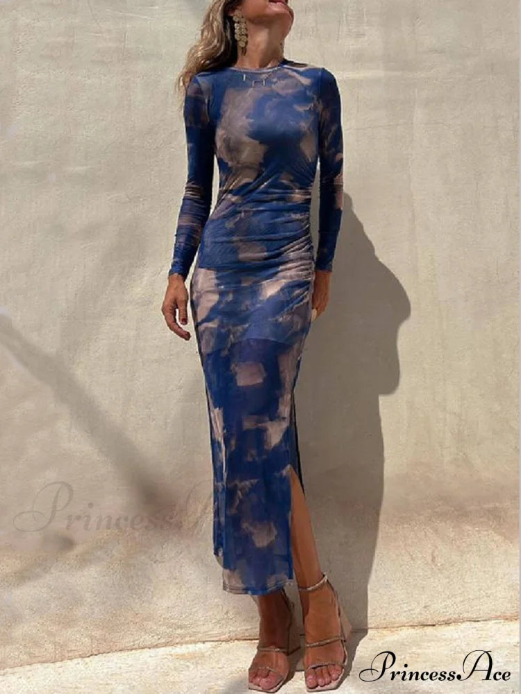 Charm Lady Mesh Overlay Tie Dye Modern Print Long Sleeve Ruched Stretch Midi Dress Blue / S Dresses