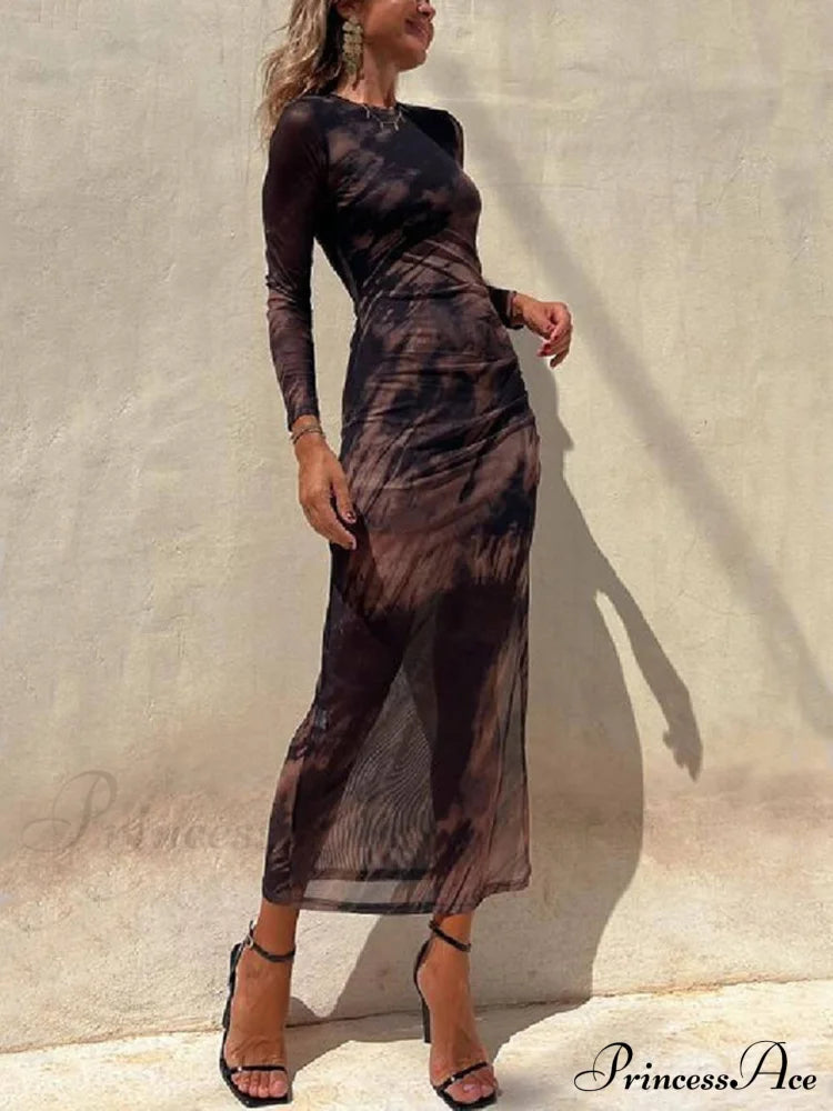 Charm Lady Mesh Overlay Tie Dye Modern Print Long Sleeve Ruched Stretch Midi Dress Dresses