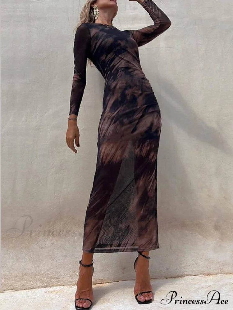 Charm Lady Mesh Overlay Tie Dye Modern Print Long Sleeve Ruched Stretch Midi Dress Dresses