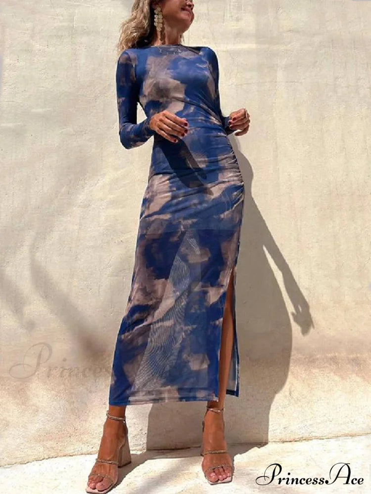 Charm Lady Mesh Overlay Tie Dye Modern Print Long Sleeve Ruched Stretch Midi Dress Dresses