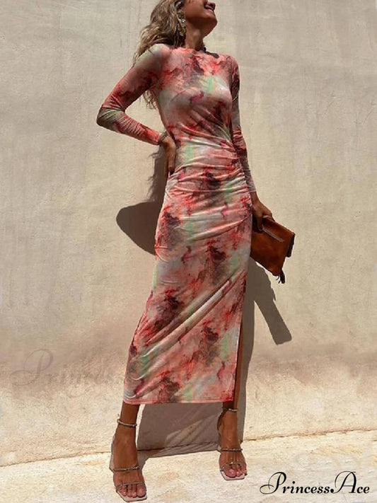 Charm Lady Mesh Overlay Tie Dye Modern Print Long Sleeve Ruched Stretch Midi Dress Pink / S Dresses