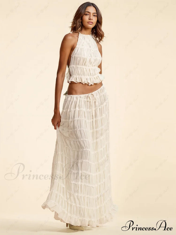 Charm Pleated Drawstring Charming Waist Tiered Maxi Skirt Dresses